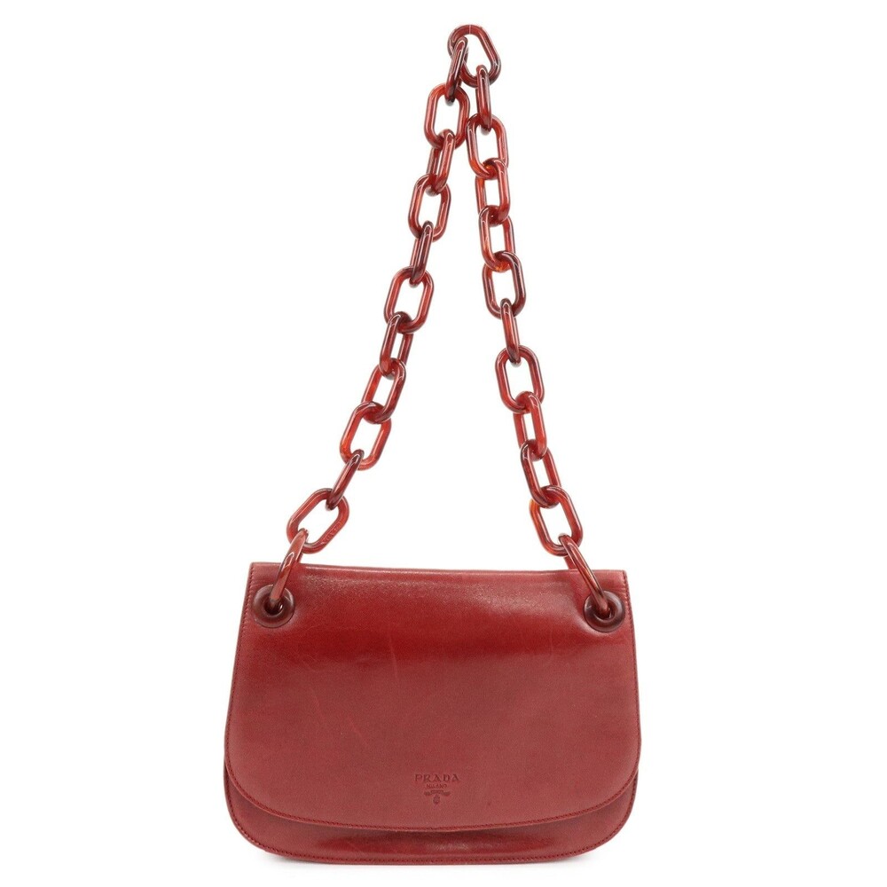 Prada Logo Calfskin Shoulder Bag Red Leather